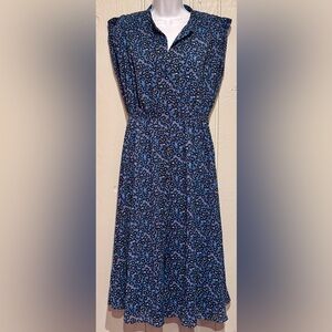 Ann Taylor Floral Blue & Black Sleeveless Button-Down Dress